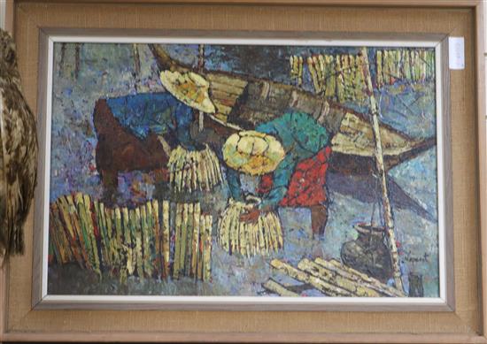 Noparat, 2 oils on canvas, farmers harvesting and fishermen with lobster pots, signed and dated 1976, 40 x 60cm